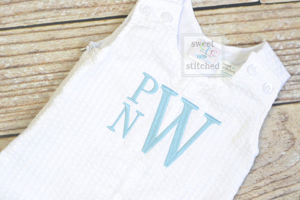 Monogrammed Boys Jon Jon, Baby boy Easter or Summer Outfit, Personalized Baby boy romper, white seersucker with monogram or name