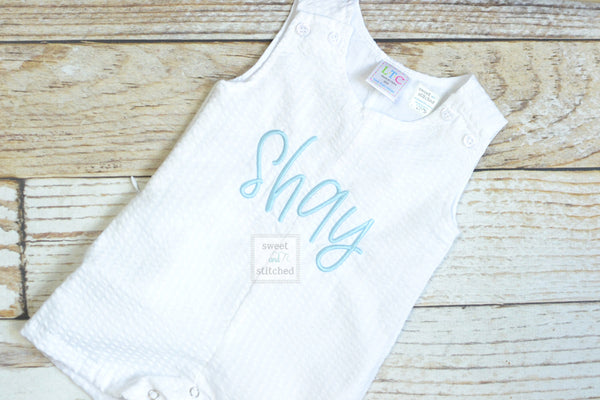 Monogrammed Boys Jon Jon, Baby boy Easter or Summer Outfit, Personalized Baby boy romper, white seersucker with monogram or name