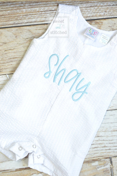Monogrammed Boys Jon Jon, Baby boy Easter or Summer Outfit, Personalized Baby boy romper, white seersucker with monogram or name