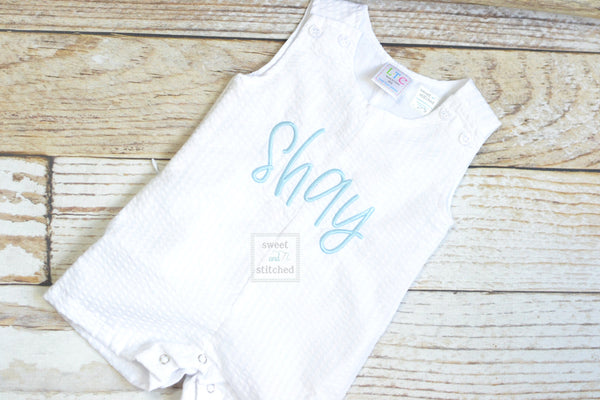 Monogrammed Boys Jon Jon, Baby boy Easter or Summer Outfit, Personalized Baby boy romper, white seersucker with monogram or name