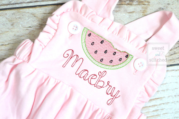 Monogrammed baby girl pink ruffle bubble with watermelons, girls watermelon outfit, 1st birthday cake smash outfit, Summer Beach Outfit