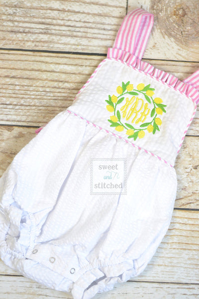 Monogrammed baby girl ruffle bubble with lemons, pink lemonade birthday outfit, 1st birthday cake smash outfit, Summer Beach Outfit
