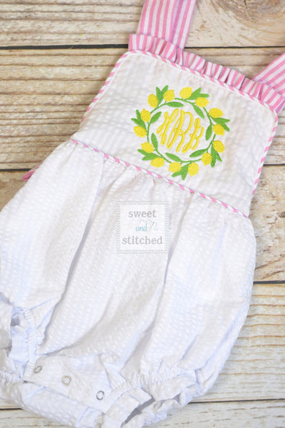 Monogrammed baby girl ruffle bubble with lemons, pink lemonade birthday outfit, 1st birthday cake smash outfit, Summer Beach Outfit