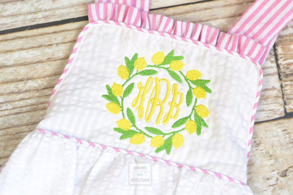 Monogrammed baby girl ruffle bubble with lemons, pink lemonade birthday outfit, 1st birthday cake smash outfit, Summer Beach Outfit