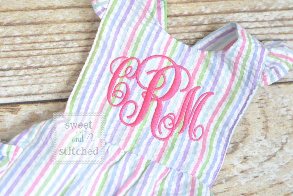 Monogrammed baby girl rainbow ruffle bubble with hot pink monogram, Seersucker girls bubble monogrammed, summer romper, girls Beach Outfit