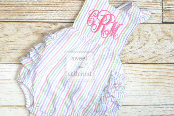 Monogrammed baby girl rainbow ruffle bubble with hot pink monogram, Seersucker girls bubble monogrammed, summer romper, girls Beach Outfit