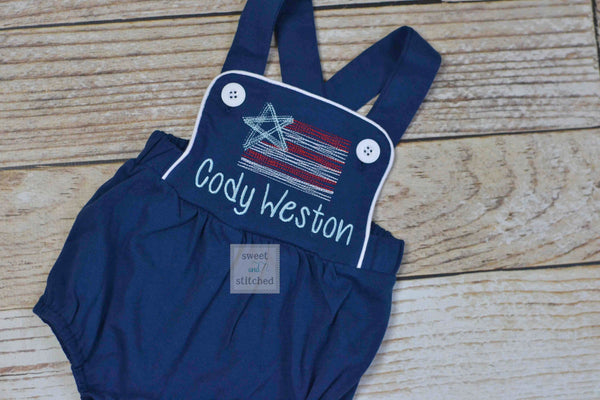 Boys 4th of July monogrammed outfit, boys patriotic bubble romper with vintage style flag design, baby boy sunsuit