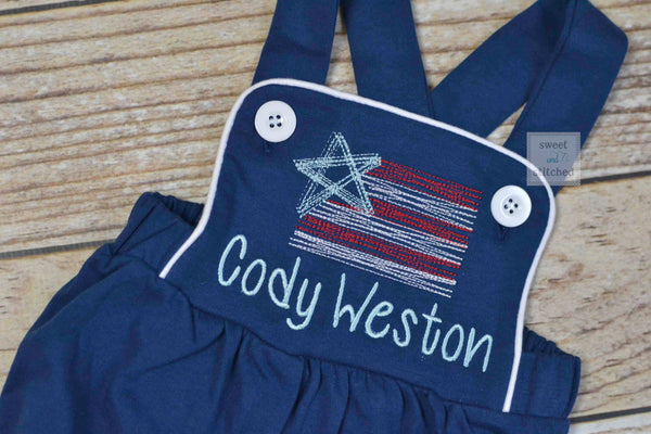 Boys 4th of July monogrammed outfit, boys patriotic bubble romper with vintage style flag design, baby boy sunsuit