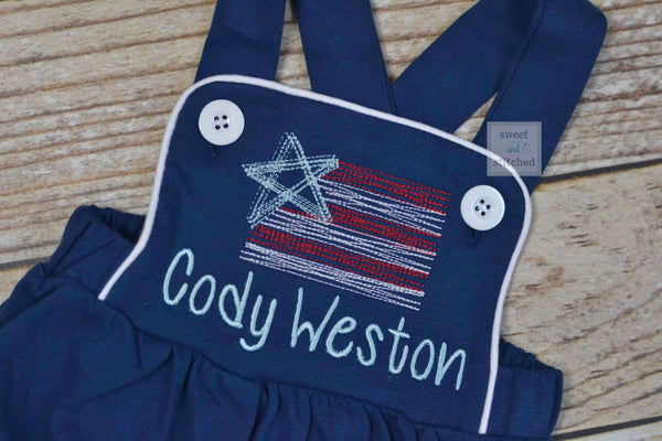 Boys 4th of July monogrammed outfit, boys patriotic bubble romper with vintage style flag design, baby boy sunsuit