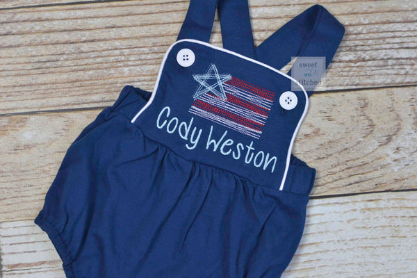 Boys 4th of July monogrammed outfit, boys patriotic bubble romper with vintage style flag design, baby boy sunsuit