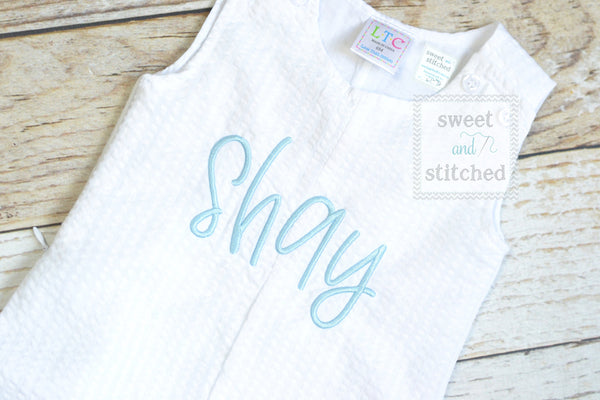 Monogrammed Boys Jon Jon, Baby boy Easter or Summer Outfit, Personalized Baby boy romper, white seersucker with monogram or name