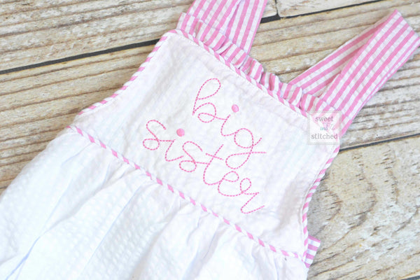 Big Sister outfit, embroidered big sister seersucker romper, girls cross backed bubble, big sister hospital outfit