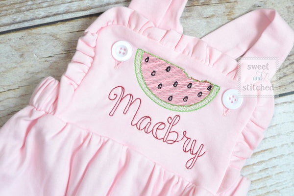 Monogrammed baby girl pink ruffle bubble with watermelons, girls watermelon outfit, 1st birthday cake smash outfit, Summer Beach Outfit