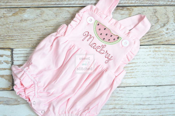 Monogrammed baby girl pink ruffle bubble with watermelons, girls watermelon outfit, 1st birthday cake smash outfit, Summer Beach Outfit