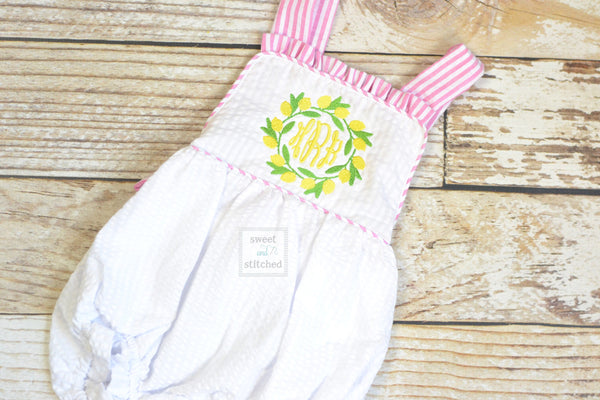Monogrammed baby girl ruffle bubble with lemons, pink lemonade birthday outfit, 1st birthday cake smash outfit, Summer Beach Outfit