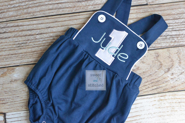 Monogrammed baby boy cake smash outfit, monogrammed boys 1st birthday romper, 1st birthday outfit, cake smash outfit, cross backed bubble