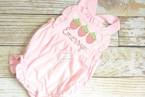 Monogrammed baby girl pink ruffle bubble with strawberries, girls strawberry outfit, 1st birthday cake smash outfit, Summer Beach Outfit