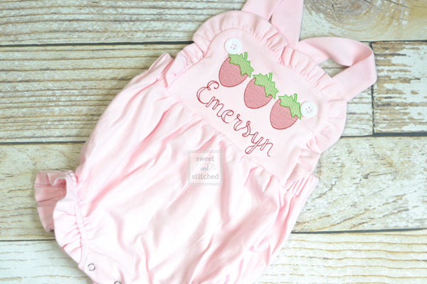 Monogrammed baby girl pink ruffle bubble with strawberries, girls strawberry outfit, 1st birthday cake smash outfit, Summer Beach Outfit