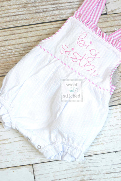 Big Sister outfit, embroidered big sister seersucker romper, girls cross backed bubble, big sister hospital outfit