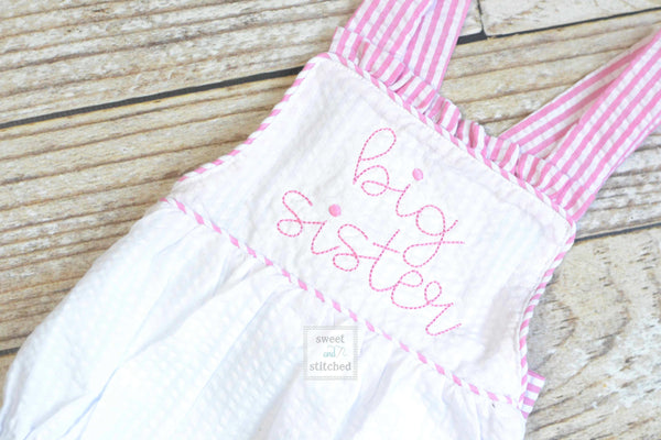Big Sister outfit, embroidered big sister seersucker romper, girls cross backed bubble, big sister hospital outfit