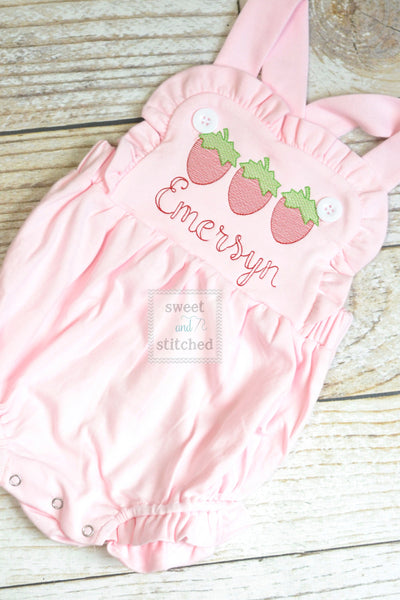 Monogrammed baby girl pink ruffle bubble with strawberries, girls strawberry outfit, 1st birthday cake smash outfit, Summer Beach Outfit