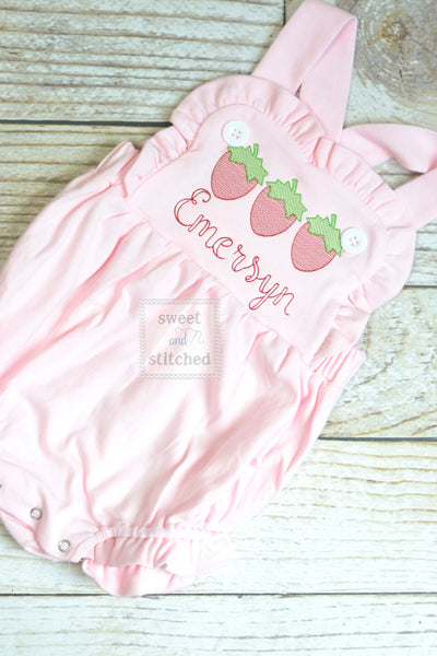 Monogrammed baby girl pink ruffle bubble with strawberries, girls strawberry outfit, 1st birthday cake smash outfit, Summer Beach Outfit