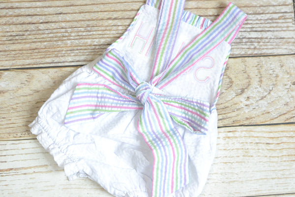 Monogrammed baby girl seersucker rainbow romper, girls cross backed bubble, girls summer romper, 1st birthday cake smash outfit