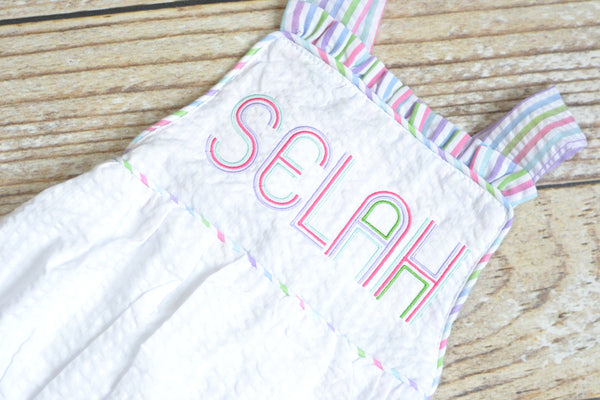Monogrammed baby girl seersucker rainbow romper, girls cross backed bubble, girls summer romper, 1st birthday cake smash outfit