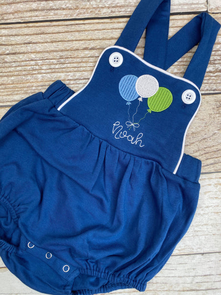 Monogrammed baby boy Birthday romper with balloons in navy, personalized boys bubble, boys cake smash outfit, balloon birthday outfit