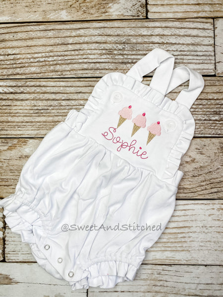 Monogrammed baby girl ruffle bubble with ice cream, girls summer ice cream cone outfit, 1st birthday cake smash outfit, Summer Beach Outfit