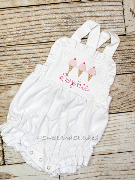 Monogrammed baby girl ruffle bubble with ice cream, girls summer ice cream cone outfit, 1st birthday cake smash outfit, Summer Beach Outfit