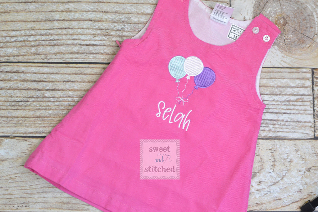 Girls hot Pink Corduroy BIRTHDAY dress - Monogrammed Pink cake smash dress- Corduroy jumper dress for 1st birthday with balloon design