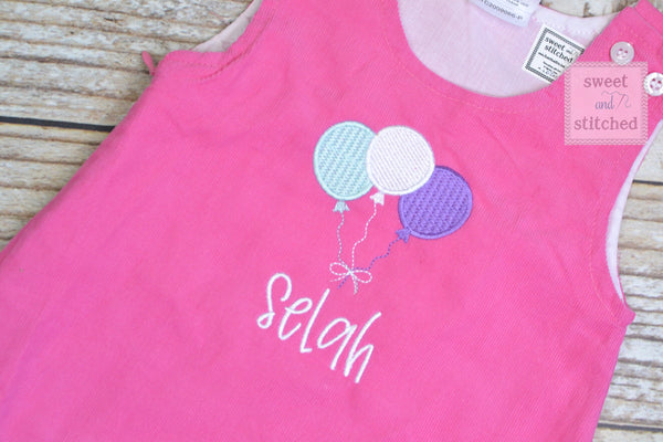 Girls hot Pink Corduroy BIRTHDAY dress - Monogrammed Pink cake smash dress- Corduroy jumper dress for 1st birthday with balloon design