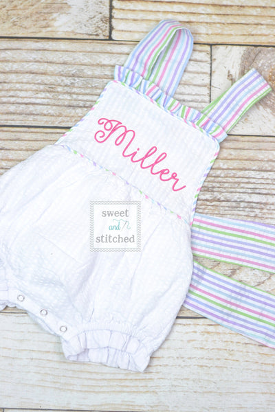 Monogrammed baby girl seersucker rainbow romper, girls cross backed bubble, girls summer romper, 1st birthday cake smash outfit