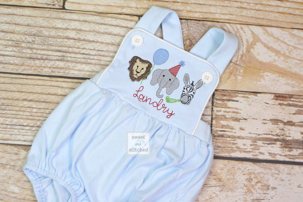 Monogrammed baby boy Birthday romper with zoo animals, party animal birthday outfit, zoo themed cake smash outfit, zoo birthday outfit