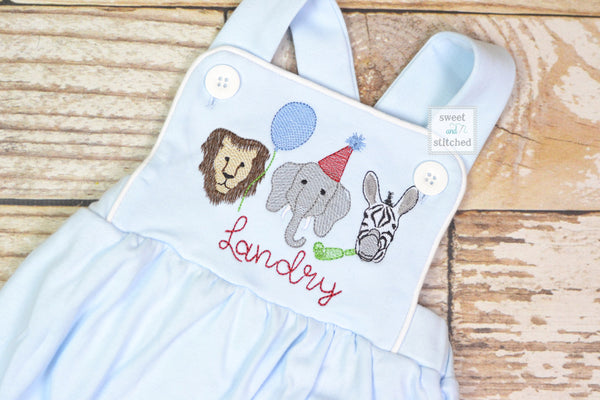 Monogrammed baby boy Birthday romper with zoo animals, party animal bi Sweet and Stitched Monogrammed baby boy Birthday romper with zoo animals, party animal bi Sweet and Stitched