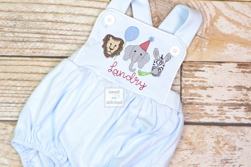 Monogrammed baby boy Birthday romper with zoo animals, party animal birthday outfit, zoo themed cake smash outfit, zoo birthday outfit
