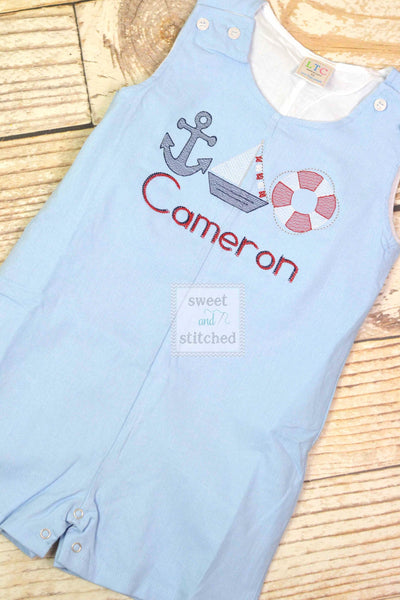 Monogrammed baby boy jon jon, nautical themed baby boy outfit with name, beach outfit, monogrammed jon jon, 4th of july sailboat outfit