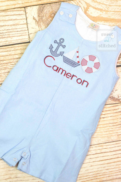 Monogrammed baby boy jon jon, nautical themed baby boy outfit with name, beach outfit, monogrammed jon jon, 4th of july sailboat outfit