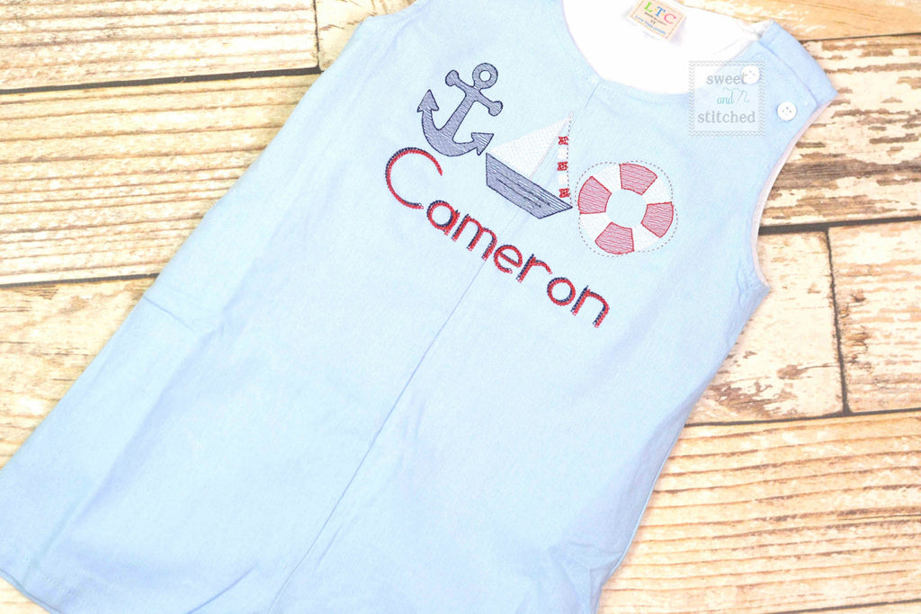 Monogrammed baby boy jon jon, nautical themed baby boy outfit with name, beach outfit, monogrammed jon jon, 4th of july sailboat outfit