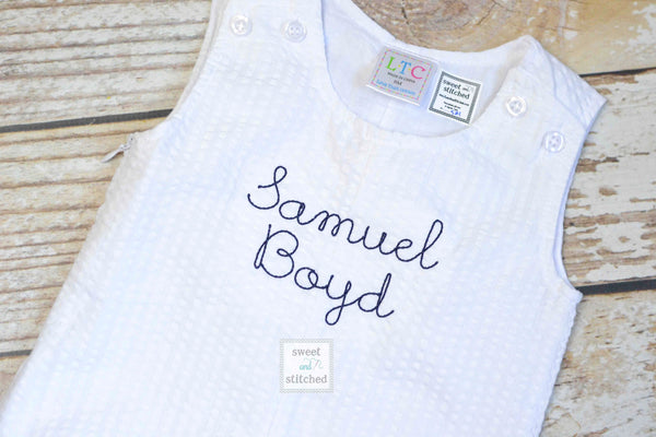 Monogrammed Boys Jon Jon, Baby boy Easter or Summer Outfit, Personalized Baby boy romper, white seersucker with monogram or name