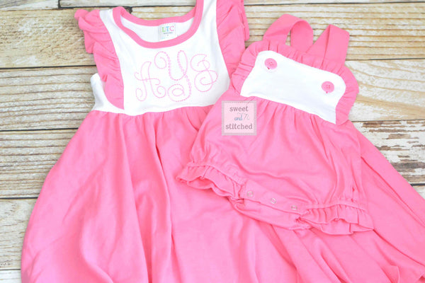 Monogrammed baby girl zoo themed ruffle bubble in pink and white, baby girl zoo outfit, personalized zoo cake smash, 1st birthday outfit