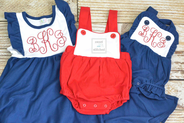 Monogrammed baby girl ruffle bubble in color block navy and white with red monogram, 4th of july sibling outfits, 4th of july dress