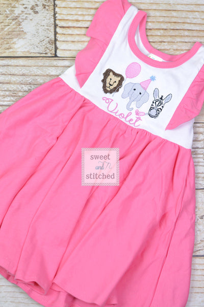 Monogrammed baby girl zoo themed ruffle bubble in pink and white, baby girl zoo outfit, personalized zoo cake smash, 1st birthday outfit