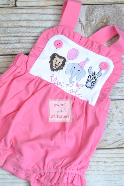 Monogrammed baby girl zoo themed ruffle bubble in pink and white, baby girl zoo outfit, personalized zoo cake smash, 1st birthday outfit