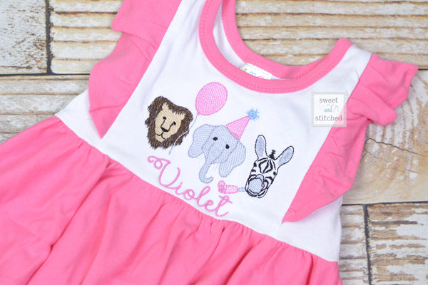 Monogrammed baby girl zoo themed ruffle bubble in pink and white, baby girl zoo outfit, personalized zoo cake smash, 1st birthday outfit