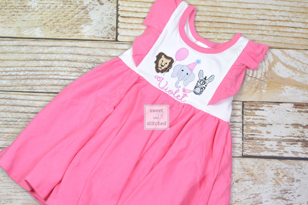 Monogrammed baby girl zoo themed ruffle bubble in pink and white, baby girl zoo outfit, personalized zoo cake smash, 1st birthday outfit