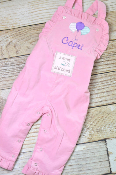 Baby girl monogrammed balloon birthday overalls, monogrammed 1st birthday party outfit, cake smash outfit