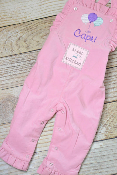 Baby girl monogrammed balloon birthday overalls, monogrammed 1st birthday party outfit, cake smash outfit