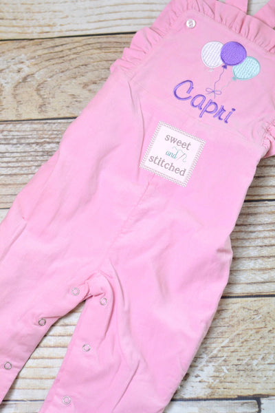 Baby girl monogrammed balloon birthday overalls, monogrammed 1st birthday party outfit, cake smash outfit